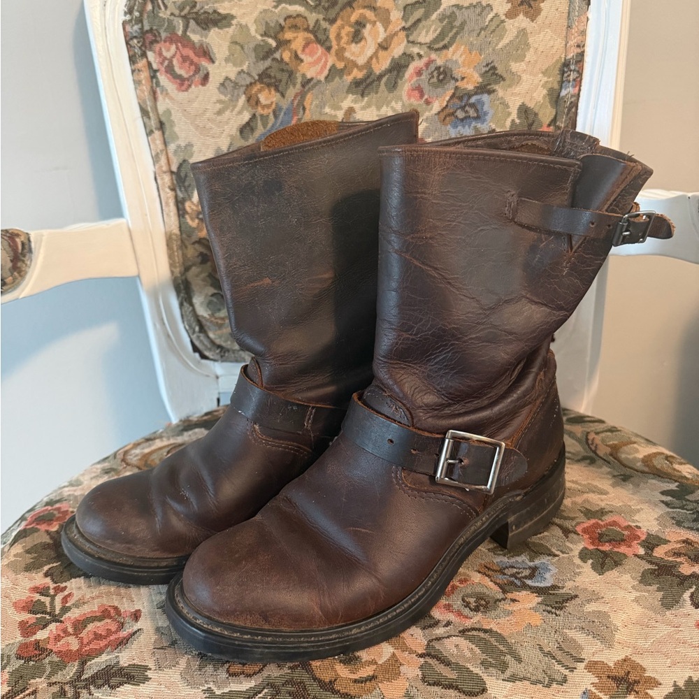 Dark Brown Leather Engineer Boots with Buckle Detail